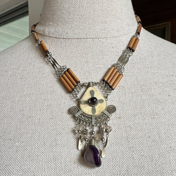 Peruvian Bamboo Necklace With Amethyst Dangle Pendant & Handcrafted - Picture 1 of 10